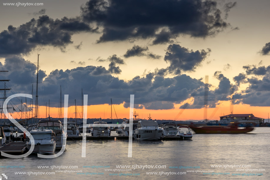 SOZOPOL, BULGARIA - JULY 12, 2016: Sunset at the port of Sozopol, Burgas Region, Bulgaria