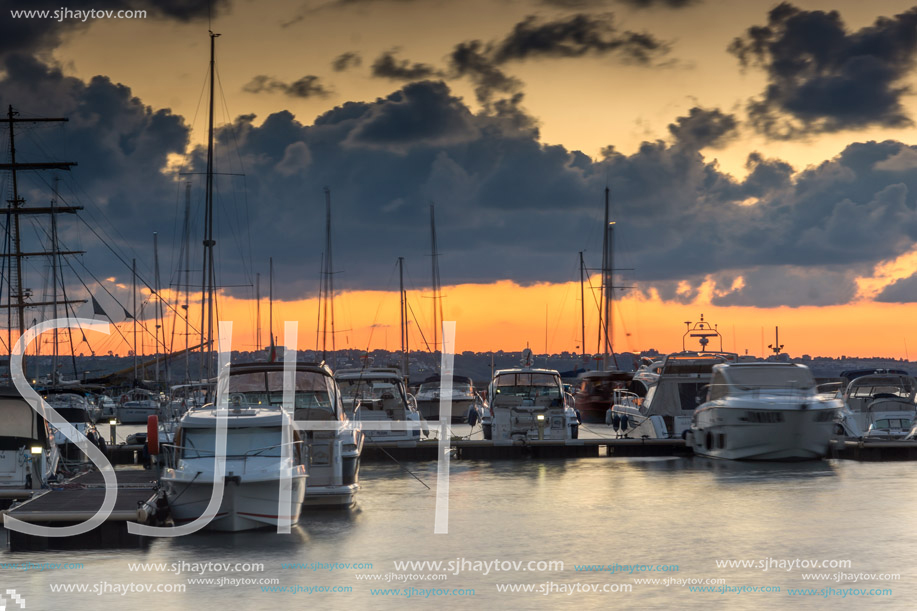 SOZOPOL, BULGARIA - JULY 12, 2016: Sunset at the port of Sozopol, Burgas Region, Bulgaria