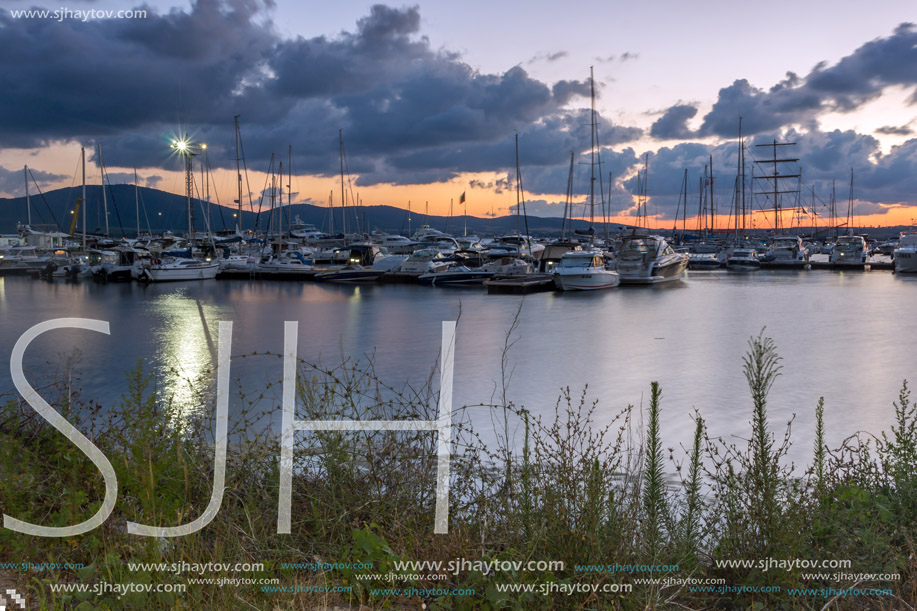 SOZOPOL, BULGARIA - JULY 12, 2016: Sunset at the port of Sozopol, Burgas Region, Bulgaria