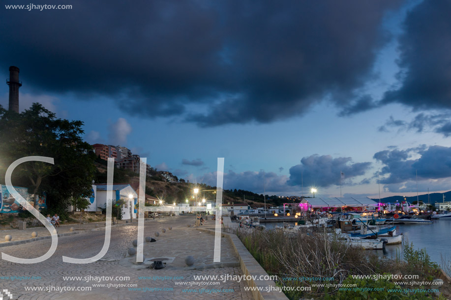 SOZOPOL, BULGARIA - JULY 12, 2016: Sunset at the port of Sozopol, Burgas Region, Bulgaria