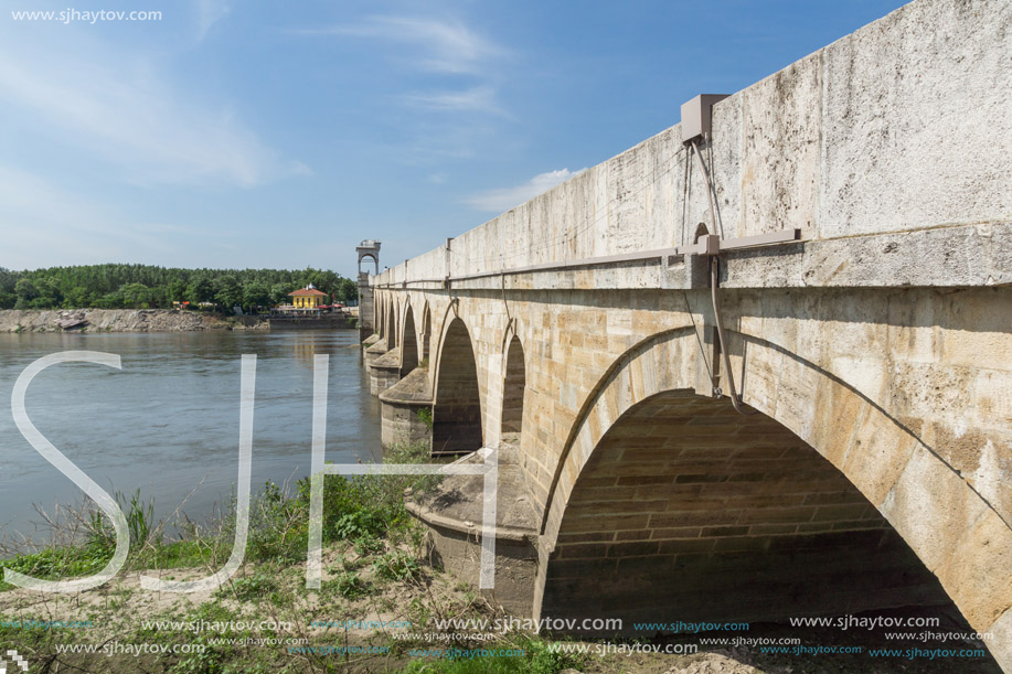 EDIRNE, TURKEY - MAY 26, 2018: Medieval Bridge from period of Ottoman Empire over Meric River in city of Edirne,  East Thrace, Turkey