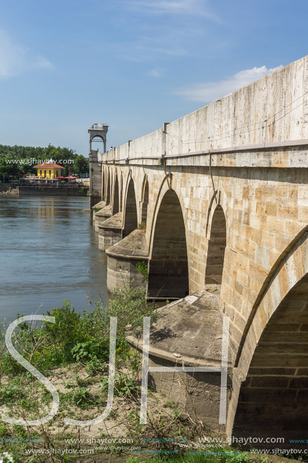 EDIRNE, TURKEY - MAY 26, 2018: Medieval Bridge from period of Ottoman Empire over Meric River in city of Edirne,  East Thrace, Turkey