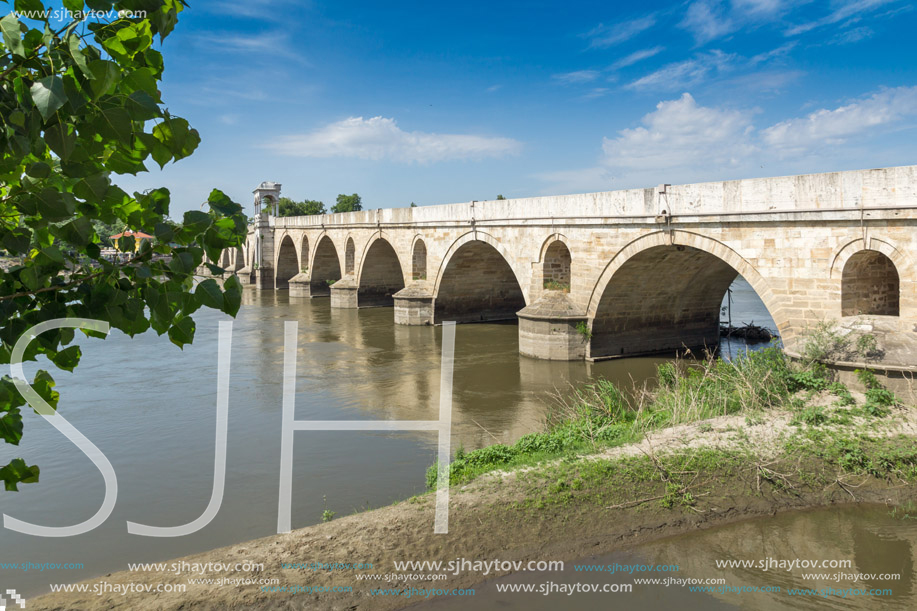 EDIRNE, TURKEY - MAY 26, 2018: Medieval Bridge from period of Ottoman Empire over Meric River in city of Edirne,  East Thrace, Turkey