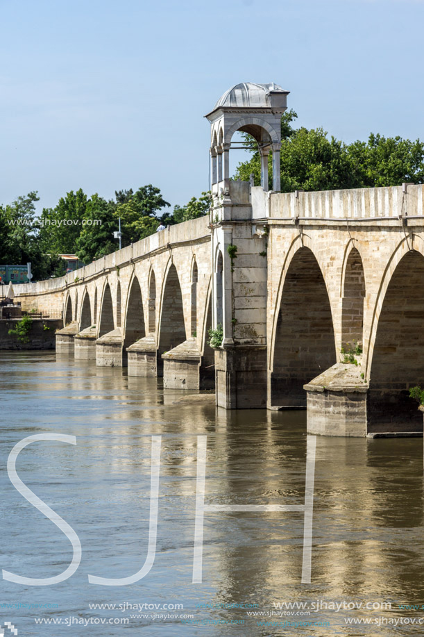 EDIRNE, TURKEY - MAY 26, 2018: Medieval Bridge from period of Ottoman Empire over Meric River in city of Edirne,  East Thrace, Turkey