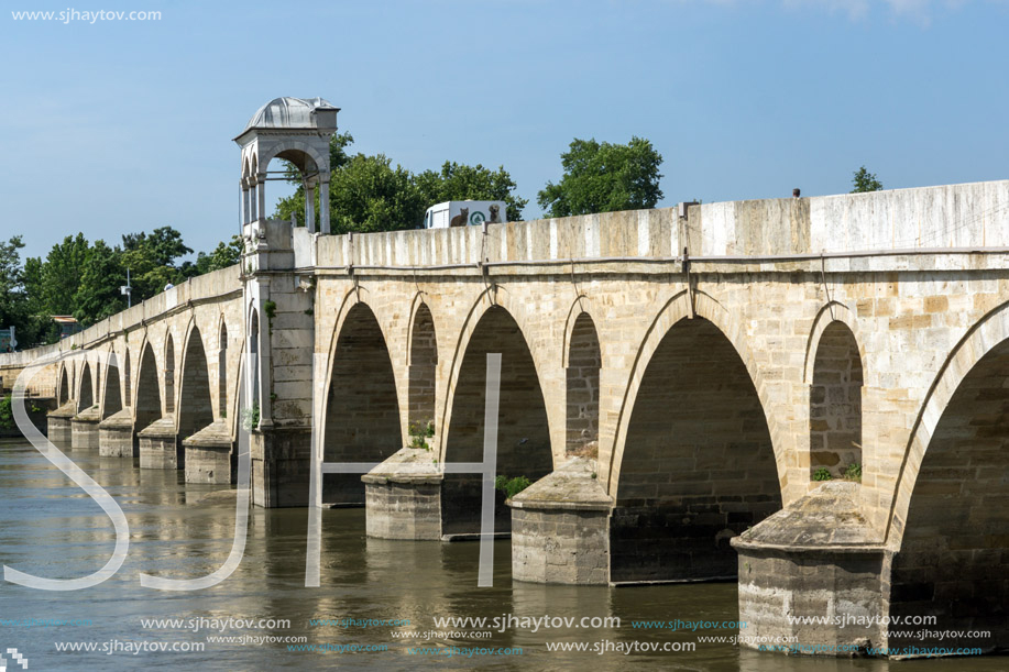 EDIRNE, TURKEY - MAY 26, 2018: Medieval Bridge from period of Ottoman Empire over Meric River in city of Edirne,  East Thrace, Turkey