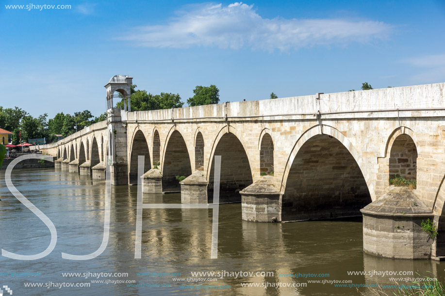 EDIRNE, TURKEY - MAY 26, 2018: Medieval Bridge from period of Ottoman Empire over Meric River in city of Edirne,  East Thrace, Turkey