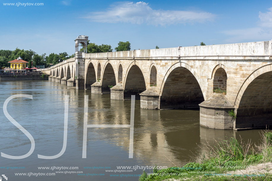 EDIRNE, TURKEY - MAY 26, 2018: Medieval Bridge from period of Ottoman Empire over Meric River in city of Edirne,  East Thrace, Turkey