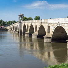 EDIRNE, TURKEY - MAY 26, 2018: Medieval Bridge from period of Ottoman Empire over Meric River in city of Edirne,  East Thrace, Turkey