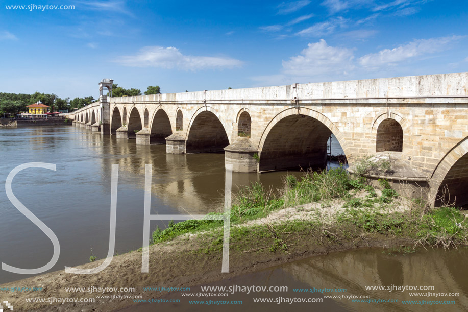 EDIRNE, TURKEY - MAY 26, 2018: Medieval Bridge from period of Ottoman Empire over Meric River in city of Edirne,  East Thrace, Turkey