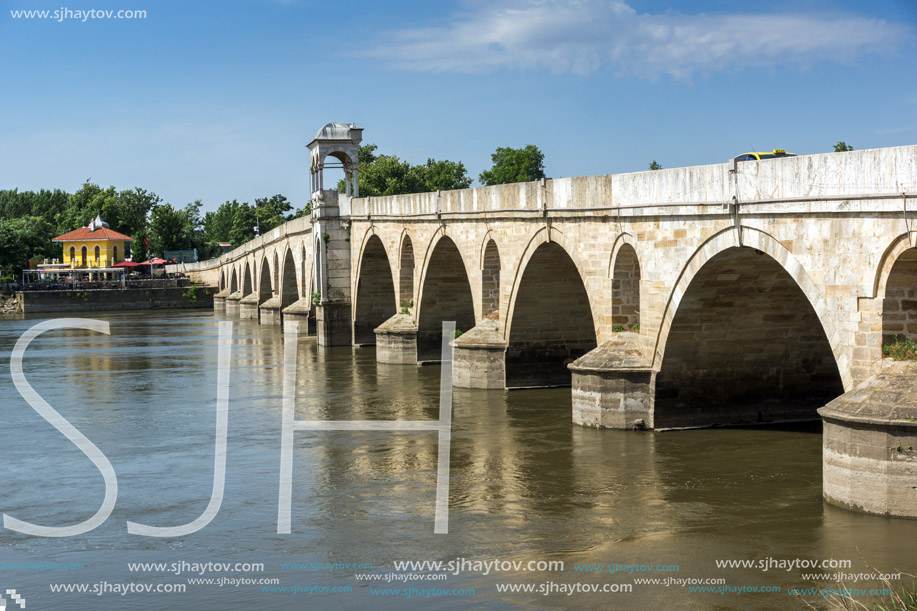 EDIRNE, TURKEY - MAY 26, 2018: Medieval Bridge from period of Ottoman Empire over Meric River in city of Edirne,  East Thrace, Turkey