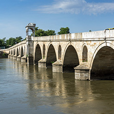 EDIRNE, TURKEY - MAY 26, 2018: Medieval Bridge from period of Ottoman Empire over Meric River in city of Edirne,  East Thrace, Turkey