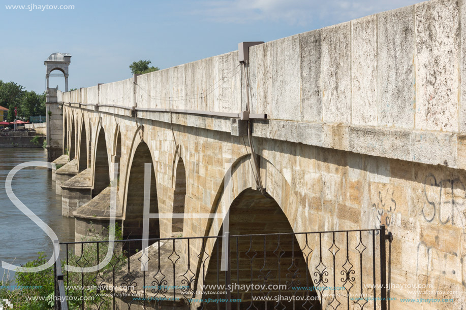 EDIRNE, TURKEY - MAY 26, 2018: Medieval Bridge from period of Ottoman Empire over Meric River in city of Edirne,  East Thrace, Turkey