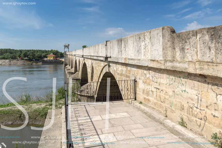 EDIRNE, TURKEY - MAY 26, 2018: Medieval Bridge from period of Ottoman Empire over Meric River in city of Edirne,  East Thrace, Turkey