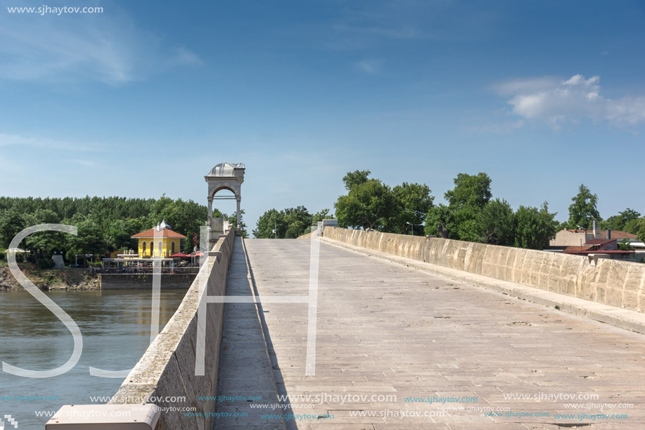 EDIRNE, TURKEY - MAY 26, 2018: Medieval Bridge from period of Ottoman Empire over Meric River in city of Edirne,  East Thrace, Turkey