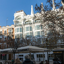 MADRID, SPAIN - JANUARY 23, 2018: Facade of typical Buildings and streets in City of Madrid, Spain