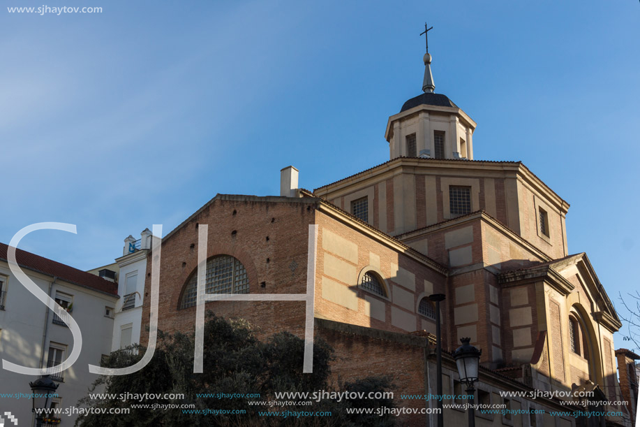 MADRID, SPAIN - JANUARY 23, 2018:  Amazing Sunset view of San Sebastian Church in City of Madrid, Spain