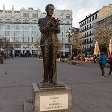 MADRID, SPAIN - JANUARY 23, 2018: Sunset view of Monument of Federico Garcia Lorca at Plaza Santa Ana in City of Madrid, Spain