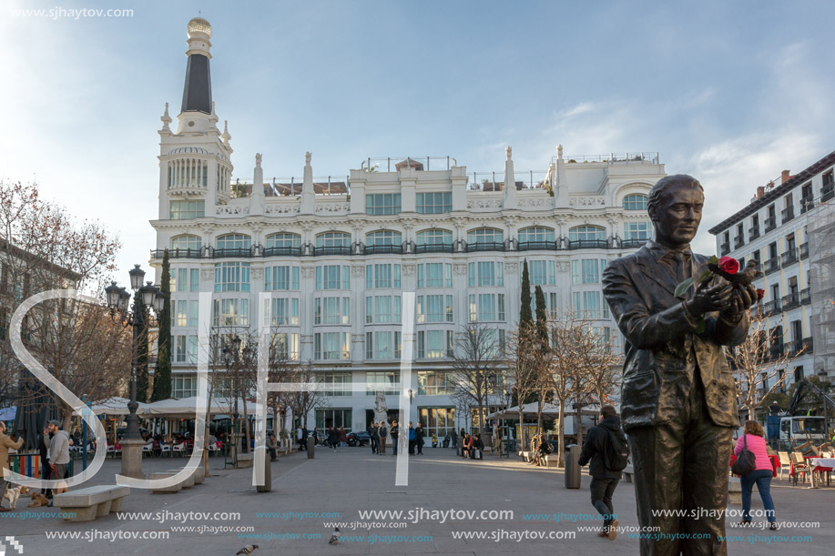 MADRID, SPAIN - JANUARY 23, 2018: Sunset view of Monument of Federico Garcia Lorca at Plaza Santa Ana in City of Madrid, Spain