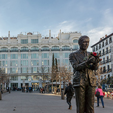 MADRID, SPAIN - JANUARY 23, 2018: Sunset view of Monument of Federico Garcia Lorca at Plaza Santa Ana in City of Madrid, Spain