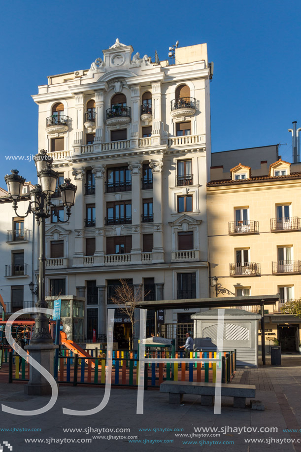 MADRID, SPAIN - JANUARY 23, 2018: Sunset view of Plaza Santa Ana in City of Madrid, Spain