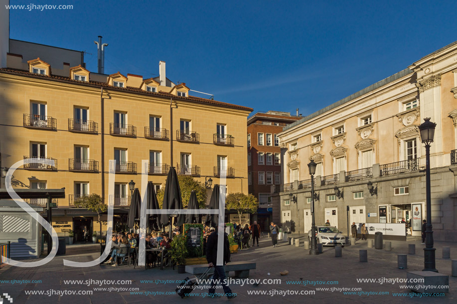 MADRID, SPAIN - JANUARY 23, 2018: Sunset view of Plaza Santa Ana in City of Madrid, Spain