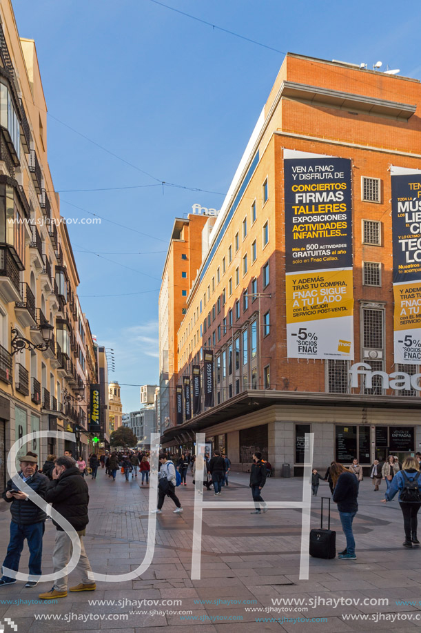 MADRID, SPAIN - JANUARY 23, 2018: Facade of typical Buildings and streets in City of Madrid, Spain