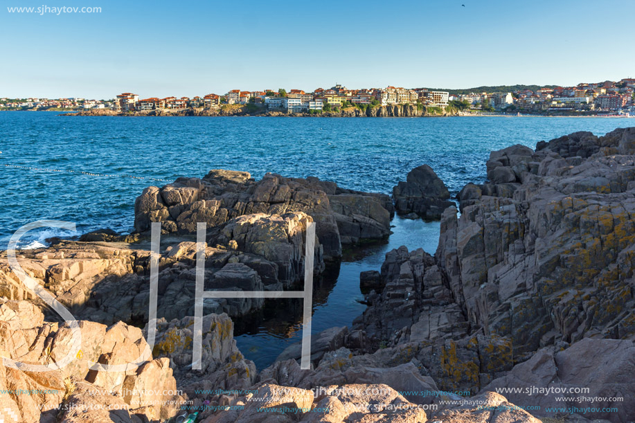 SOZOPOL, BULGARIA - JULY 16, 2016: Rocks at coastline of town of Sozopol,  Burgas Region, Bulgaria