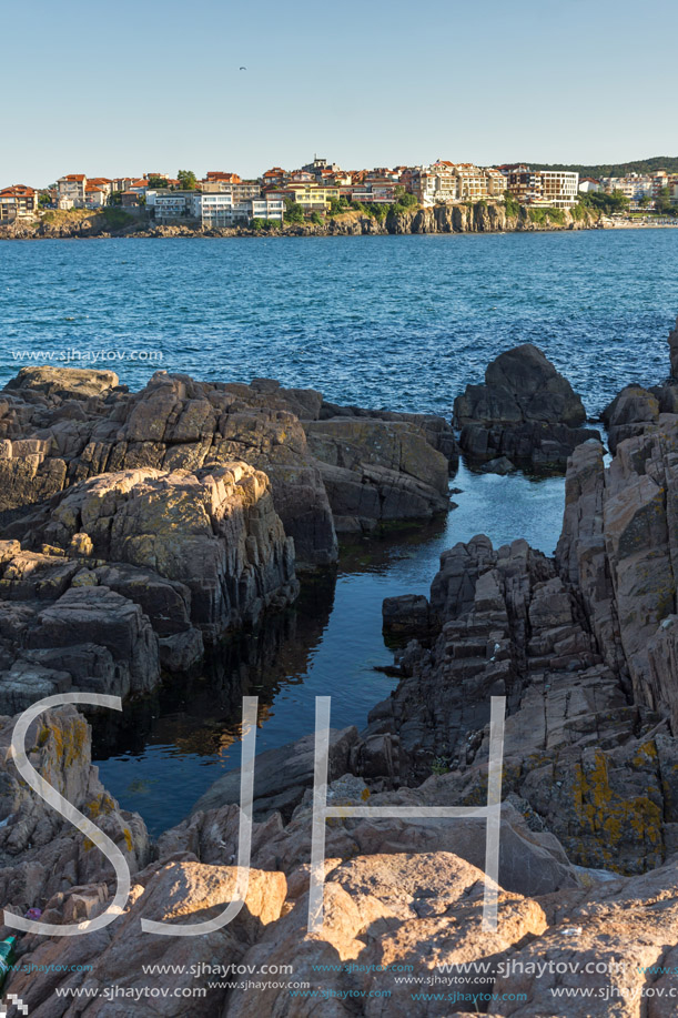 SOZOPOL, BULGARIA - JULY 16, 2016: Rocks at coastline of town of Sozopol,  Burgas Region, Bulgaria