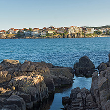 SOZOPOL, BULGARIA - JULY 16, 2016: Rocks at coastline of town of Sozopol,  Burgas Region, Bulgaria