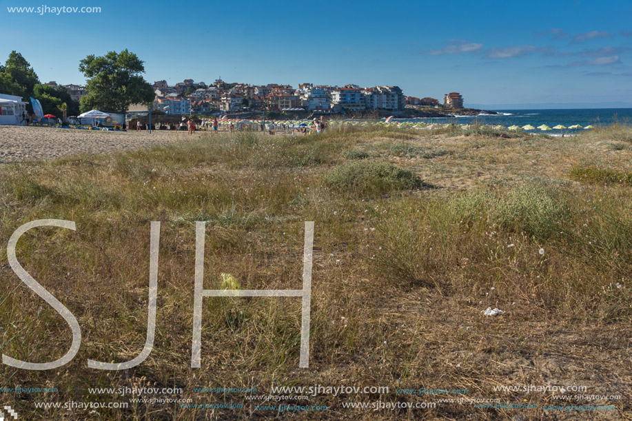 SOZOPOL, BULGARIA - JULY 13, 2016: Panoramic view of Harmanite Beach in Sozopol, Burgas Region, Bulgaria