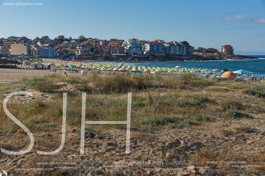 SOZOPOL, BULGARIA - JULY 13, 2016: Panoramic view of Harmanite Beach in Sozopol, Burgas Region, Bulgaria