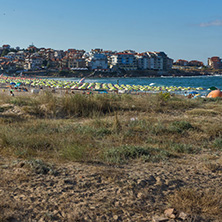 SOZOPOL, BULGARIA - JULY 13, 2016: Panoramic view of Harmanite Beach in Sozopol, Burgas Region, Bulgaria