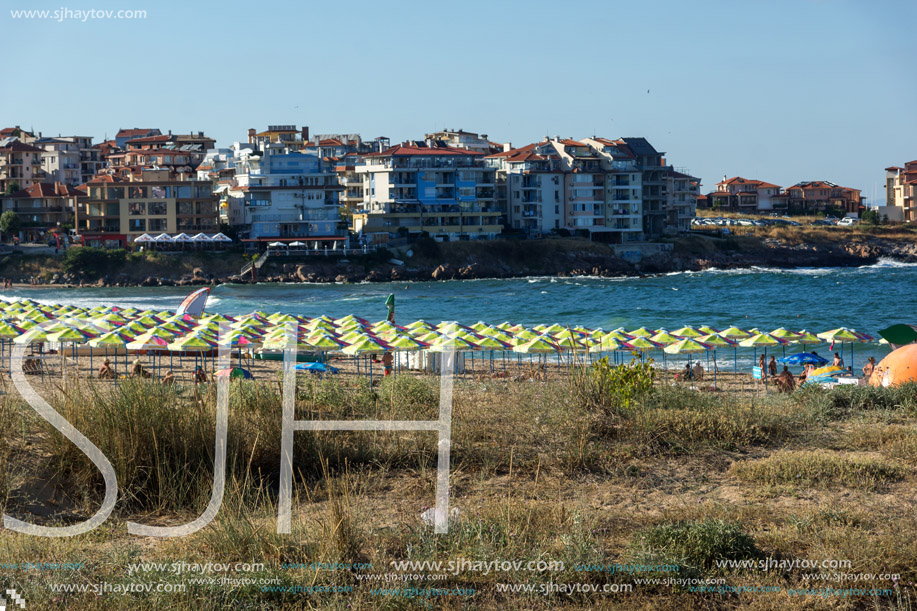 SOZOPOL, BULGARIA - JULY 13, 2016: Panoramic view of Harmanite Beach in Sozopol, Burgas Region, Bulgaria