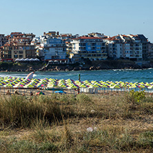 SOZOPOL, BULGARIA - JULY 13, 2016: Panoramic view of Harmanite Beach in Sozopol, Burgas Region, Bulgaria