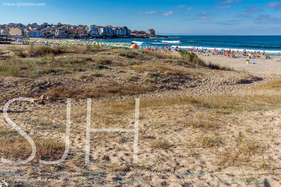 SOZOPOL, BULGARIA - JULY 13, 2016: Panoramic view of Harmanite Beach in Sozopol, Burgas Region, Bulgaria