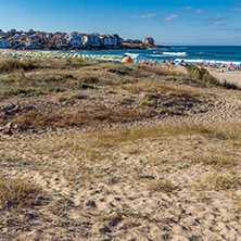 SOZOPOL, BULGARIA - JULY 13, 2016: Panoramic view of Harmanite Beach in Sozopol, Burgas Region, Bulgaria