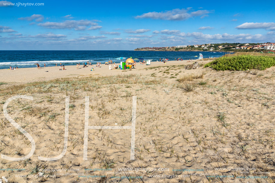 SOZOPOL, BULGARIA - JULY 13, 2016: Panoramic view of Harmanite Beach in Sozopol, Burgas Region, Bulgaria