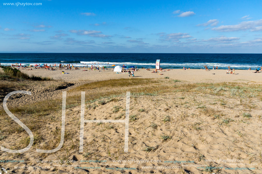 SOZOPOL, BULGARIA - JULY 13, 2016: Panoramic view of Harmanite Beach in Sozopol, Burgas Region, Bulgaria