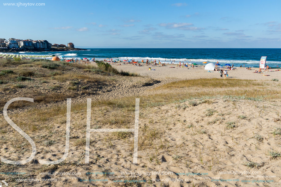 SOZOPOL, BULGARIA - JULY 13, 2016: Panoramic view of Harmanite Beach in Sozopol, Burgas Region, Bulgaria