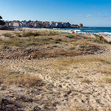 SOZOPOL, BULGARIA - JULY 13, 2016: Panoramic view of Harmanite Beach in Sozopol, Burgas Region, Bulgaria