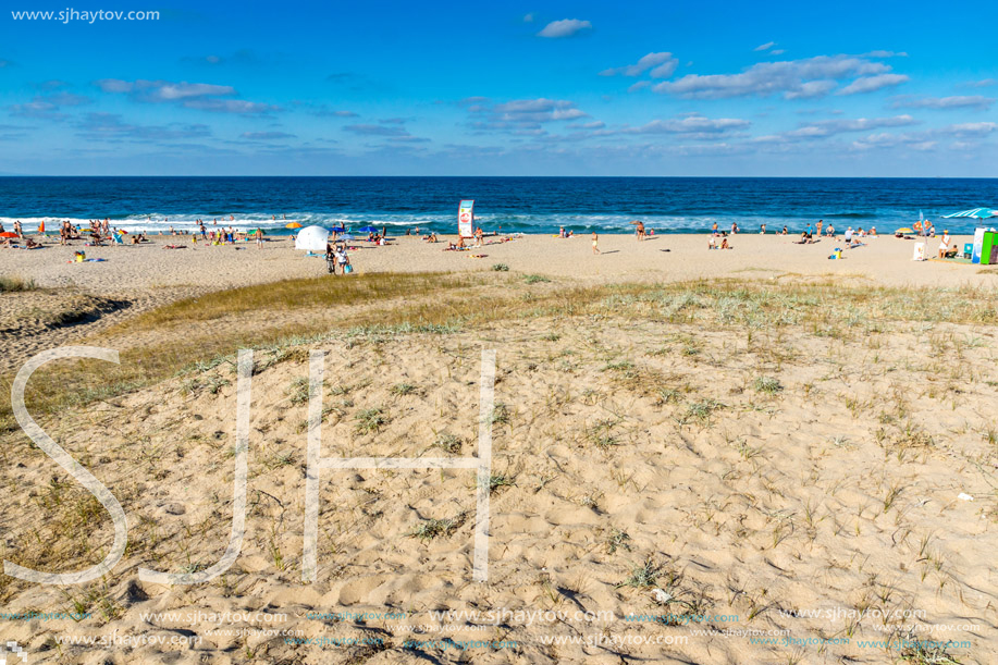 SOZOPOL, BULGARIA - JULY 13, 2016: Panoramic view of Harmanite Beach in Sozopol, Burgas Region, Bulgaria