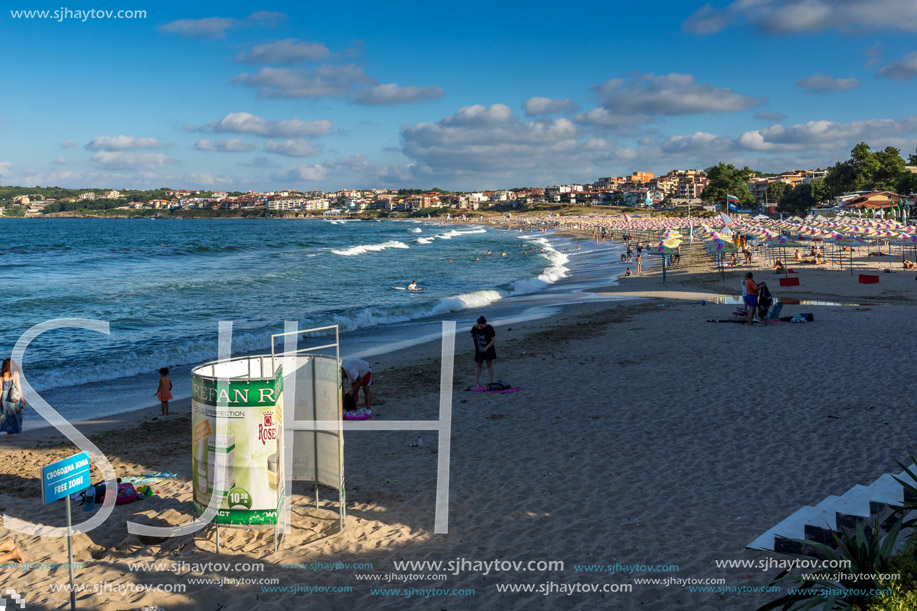 SOZOPOL, BULGARIA - JULY 13, 2016: Panoramic view of Harmanite Beach in Sozopol, Burgas Region, Bulgaria