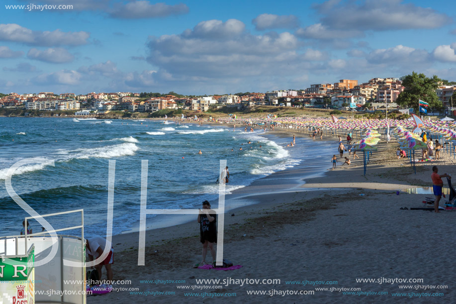 SOZOPOL, BULGARIA - JULY 13, 2016: Panoramic view of Harmanite Beach in Sozopol, Burgas Region, Bulgaria