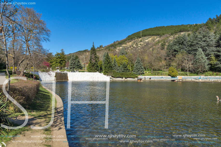 SANDANSKI, BULGARIA - APRIL 4, 2018: Spring view of lake in park St. Vrach in town of Sandanski, Bulgaria