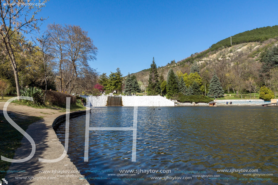 SANDANSKI, BULGARIA - APRIL 4, 2018: Spring view of lake in park St. Vrach in town of Sandanski, Bulgaria