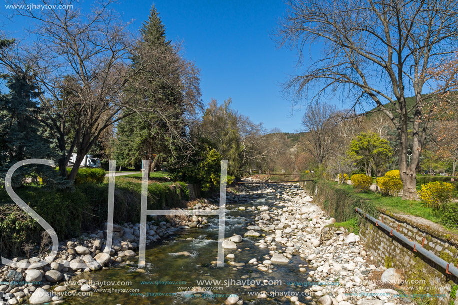 SANDANSKI, BULGARIA - APRIL 4, 2018: Sandanska Bistritsa River passing through  town of Sandanski, Bulgaria