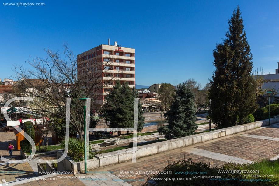 SANDANSKI, BULGARIA - APRIL 4, 2018: The Center and Pedestrian street and Interhotel Sandanski in town of Sandanski, Bulgaria