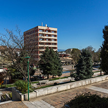 SANDANSKI, BULGARIA - APRIL 4, 2018: The Center and Pedestrian street and Interhotel Sandanski in town of Sandanski, Bulgaria