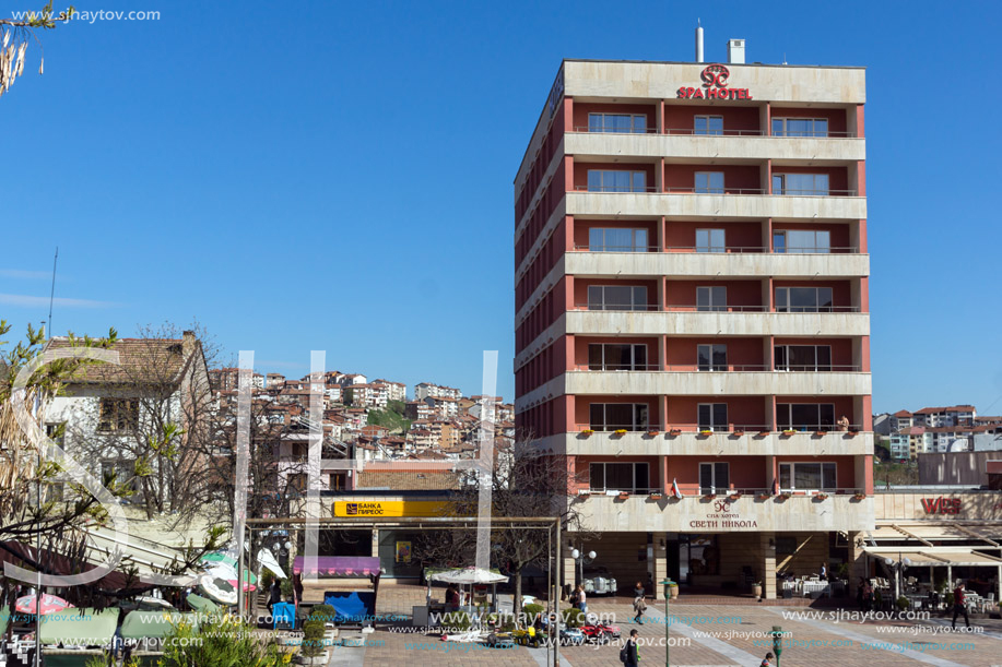 SANDANSKI, BULGARIA - APRIL 4, 2018: The Center and Pedestrian street and Interhotel Sandanski in town of Sandanski, Bulgaria