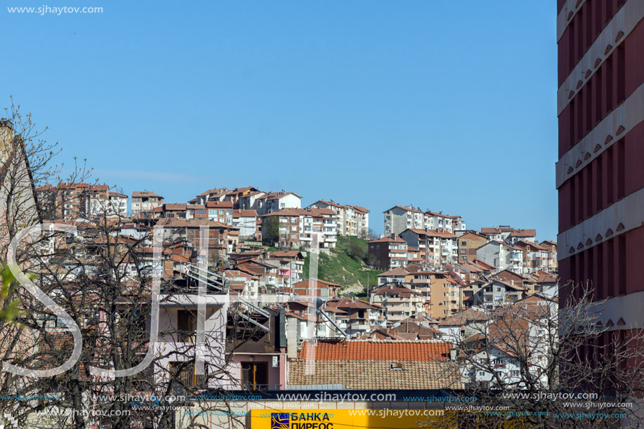 SANDANSKI, BULGARIA - APRIL 4, 2018: The Center and Pedestrian street and Interhotel Sandanski in town of Sandanski, Bulgaria